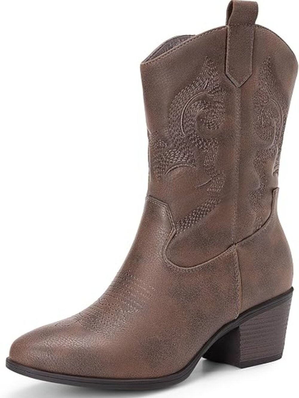 Women's Brown Faux Leather Cowgirl Boots With Round Toe Chunky Low Heel Shoes